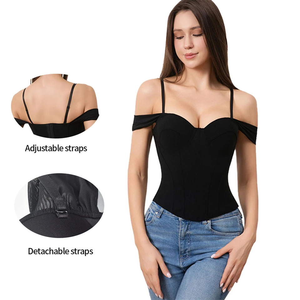 Becirzet Damen Schwarzes Korsett, Drahtloser BH, Sexy Off-Shoulder-Top, Vintage-Fischgrätenmuster, Taillenbetonendes Tanktop – Detail 3