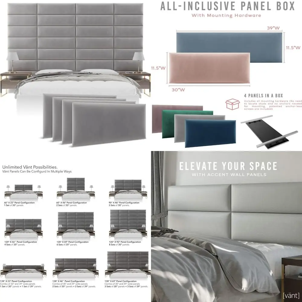 Platinum Grey Velvet Wall Mounted Headboard Set - Queen/Full Size Upholstered Panels - 4 Piece Elegant Bedroom Decor