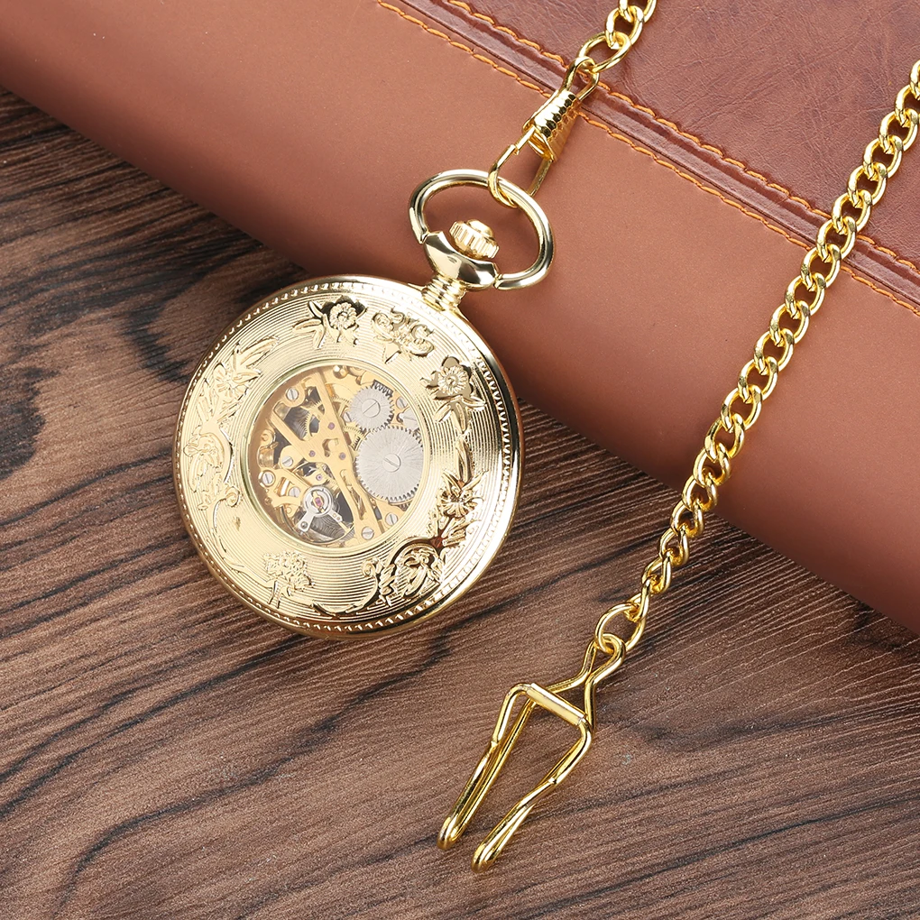 Transparent Hollow Roman Numerals Display Mechanical Pocket Watch Hand-Winding Luxury Vintage Pendant Chain Clock Gift Male