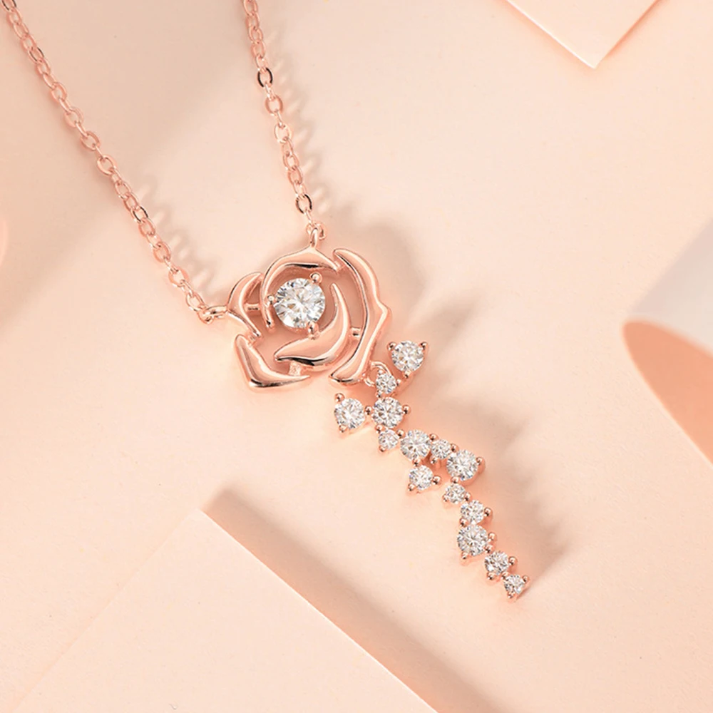 Rosé Vergulde Moissanite Ketting Gecertificeerd Origineel 925 Zilver Rose Bloem Diamant Choker Ketting Voor Vrouwen Sieraden Cadeau Gra