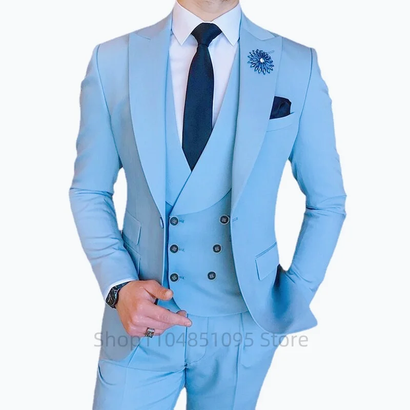 

Solid Men's 3 Piece Slim Fit Groom Tuxedos Peak Lapel One Button Suit for Business Smart Casual Jacket Vest Pants Men Clothing