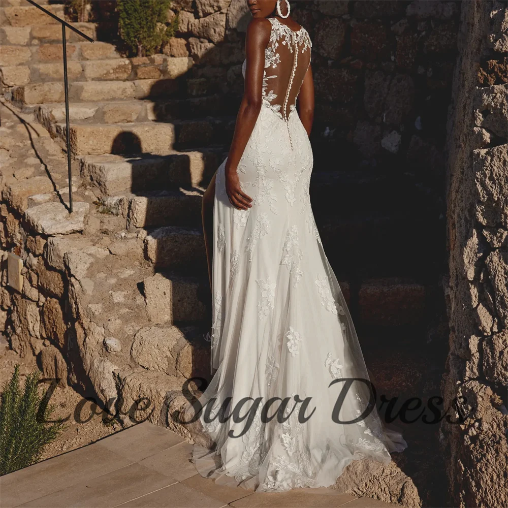 Robe de Mariée en Dentelle Ivoire, Col en V, Ligne A, Fente Latérale, Poignées Détachables, Tulle, Longue Traîne, pour Patients