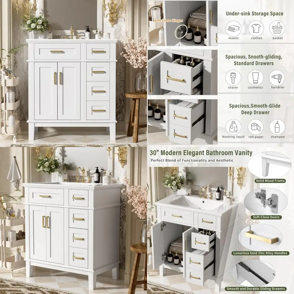 

30 inch white bathroom vanity cabinet with soft-closing doors and drawers for storage