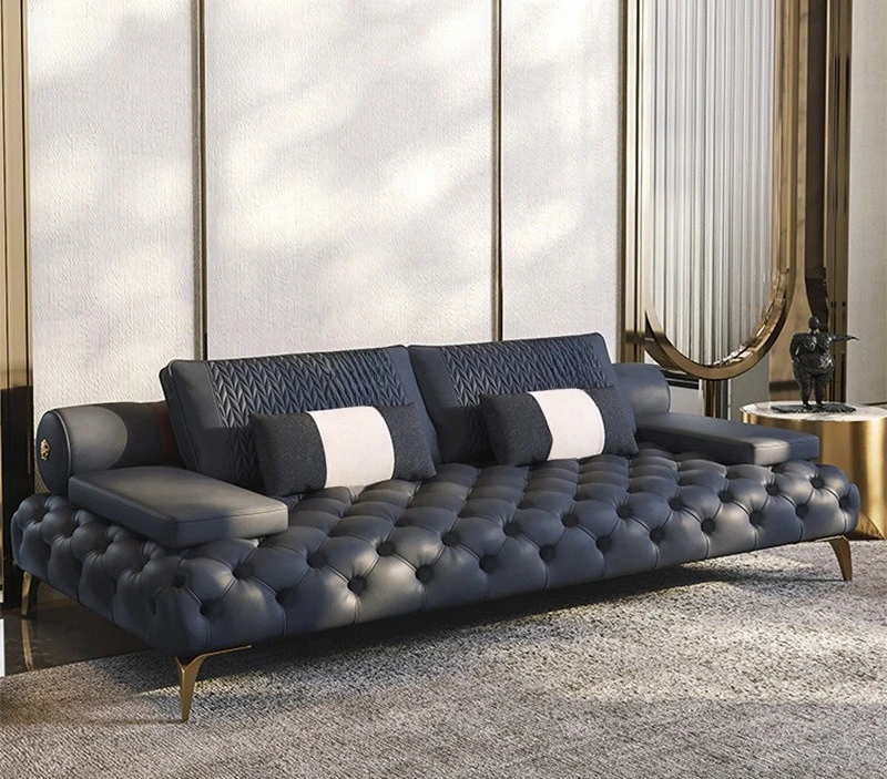 Italian minimalist light luxury, fabric four-person combination sofa, straight-breasted buckle sofa