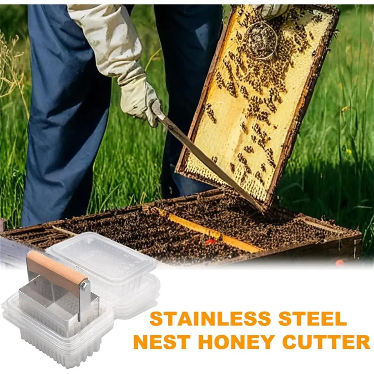 High Quality Honey Cutting Machine Stainless Steel Honeycomb Honey Cutting Wooden Handle Tool and 10 Honeycomb Square Box