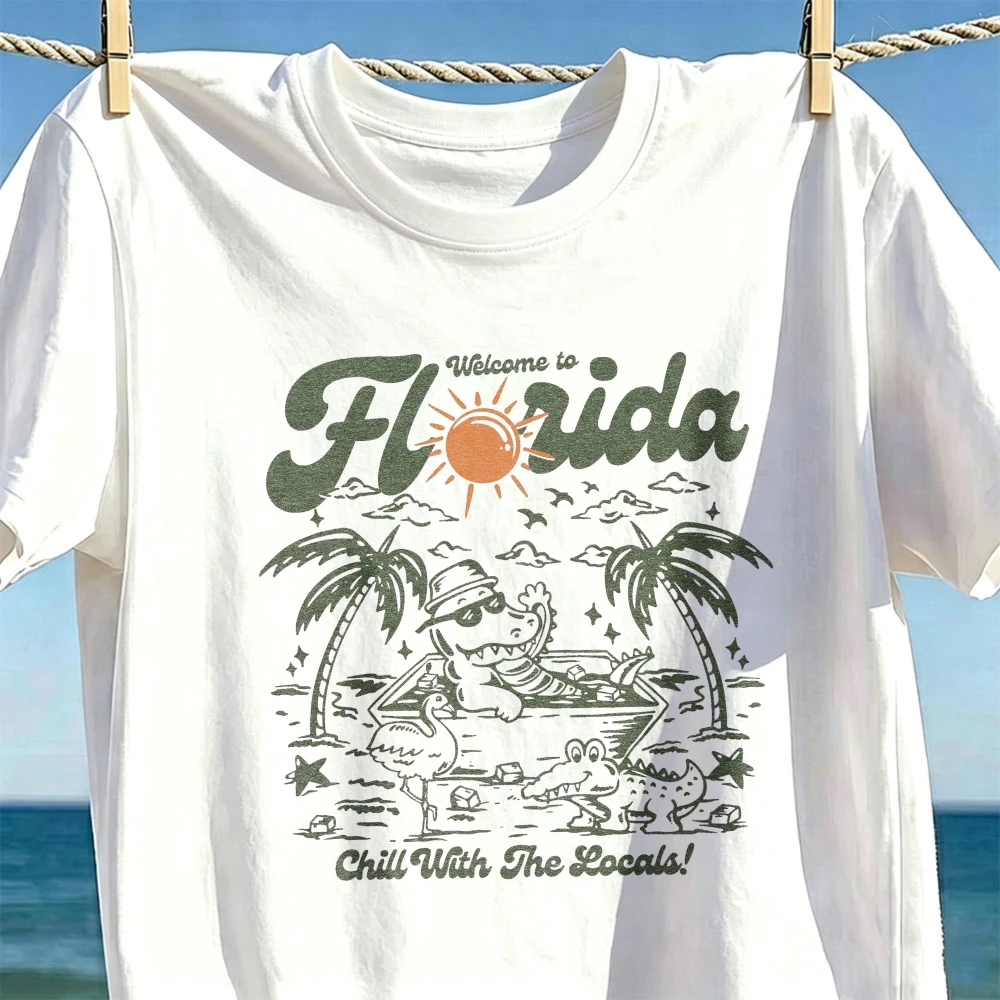 Camiseta gráfica de bienvenida a Florida, camiseta con estampado de cocodrilo y flamenco, ropa de verano para hombre y mujer, ropa de recuerdo turístico