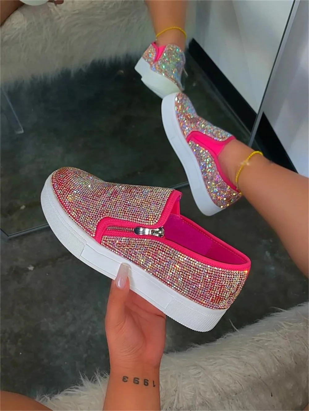 New Rhinestone Shoes Women 2024 All Season Daily Ladies Zipper Slip On Comfy Casual Sneakers Outdoor Running Walking Sport Flats