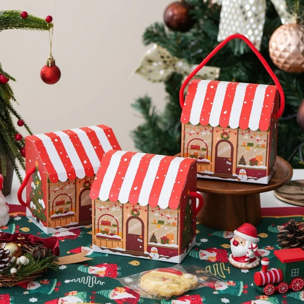 10Pcs House Shaped Christmas House Gift Boxes Snowman Printed With Handles Candy Treat Paper Boxes Red Stripe Roof