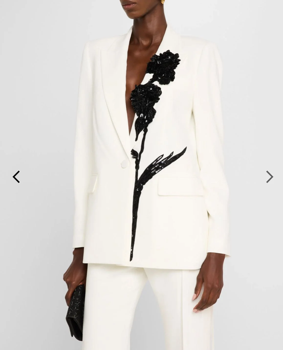 

Elegant White Blazer for Women 3D Black Floral Embroidery Sequins Single Button Peak Lapel Formal Suit Jacket for Party Wedding