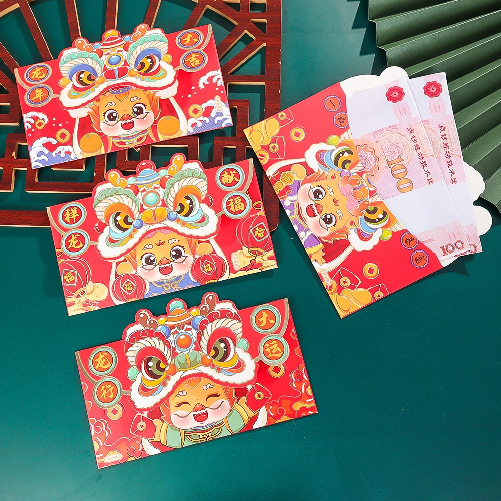 4Pcs buste rosse New Dragon Year busta rossa Creative Lion Dance Pattern Chinese Spring Festival Wedding Lucky Money Bags