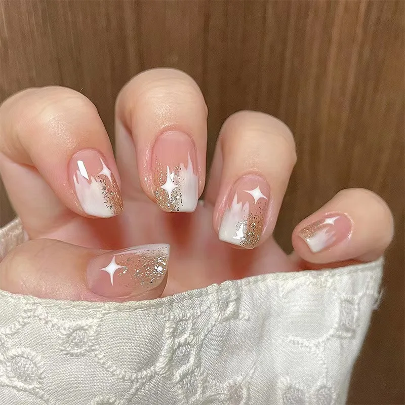 Minimalist ins Wearing Nail Women Nail Patch Finished Star Sparkling Pink Gradual Double Panel Nail Patch Removable Short Nail