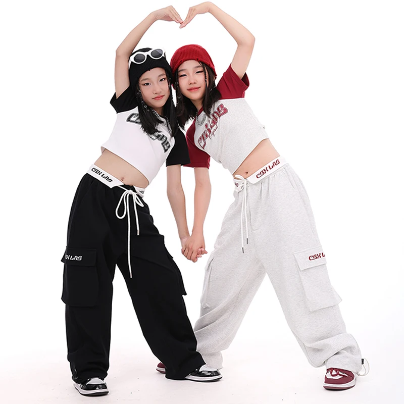 2023 Hip Hop Dance Costumes For Kids Short Crop Tops Cargo Pants Streetwear Girls Jazz Dance Performance Show Clothes DQS13314