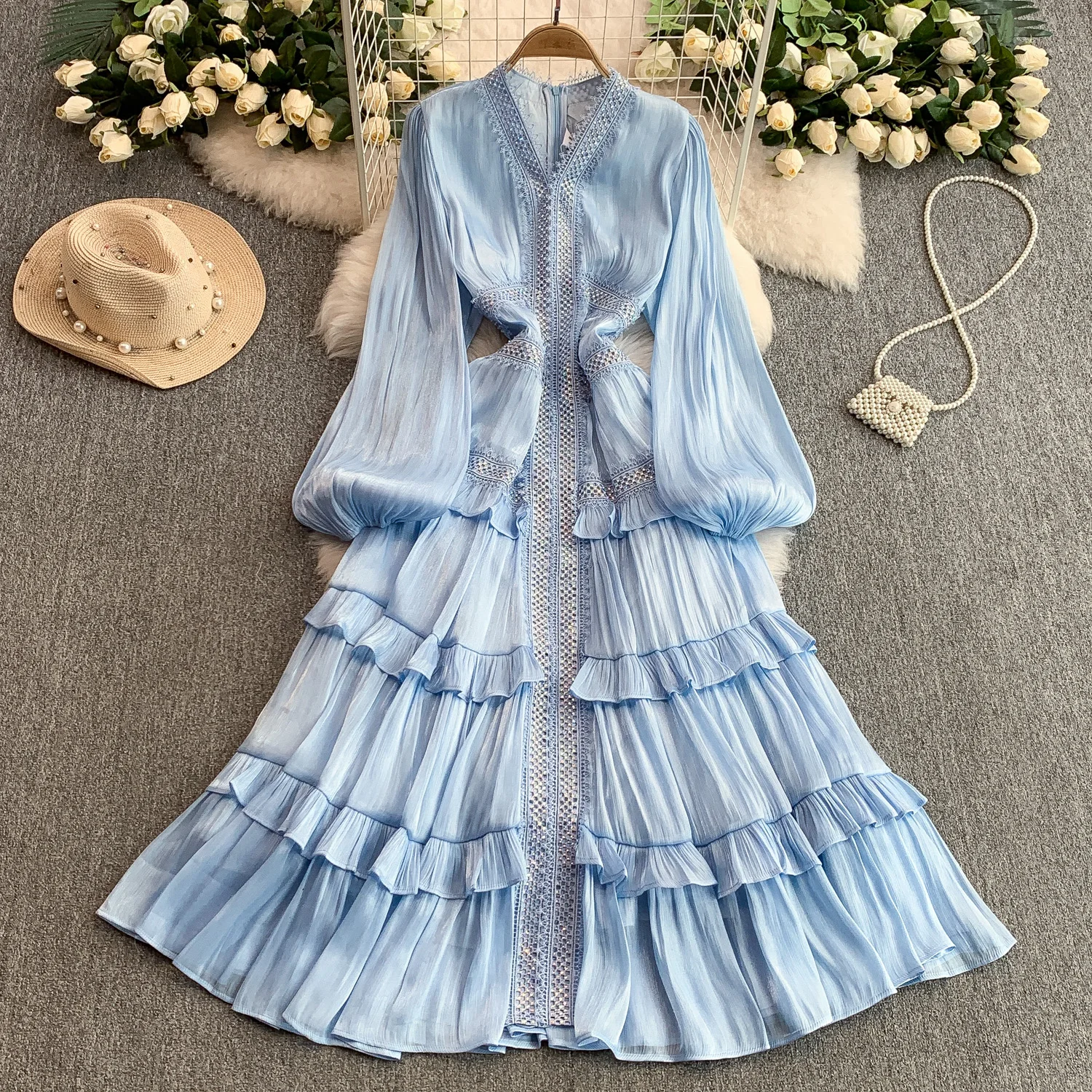 

Vintage sexy long sleeve Spliced Dress Chic Summer Beach fairycore Vestidos Vacation women clothing