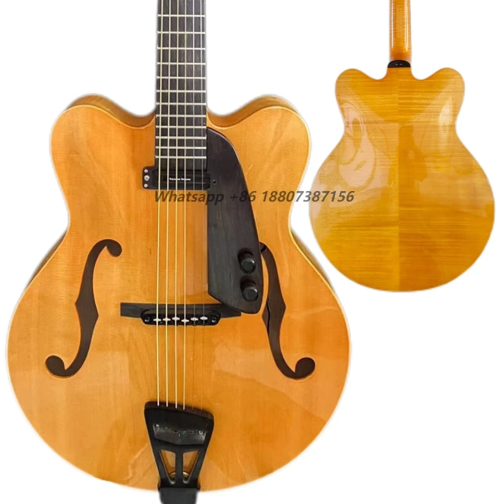 

Yunzhi Customizable Jazz Guitar Double Cutaway Electric Archtop with Flamed Maple Hollow Body Ebony Fingerboard-Golden Color
