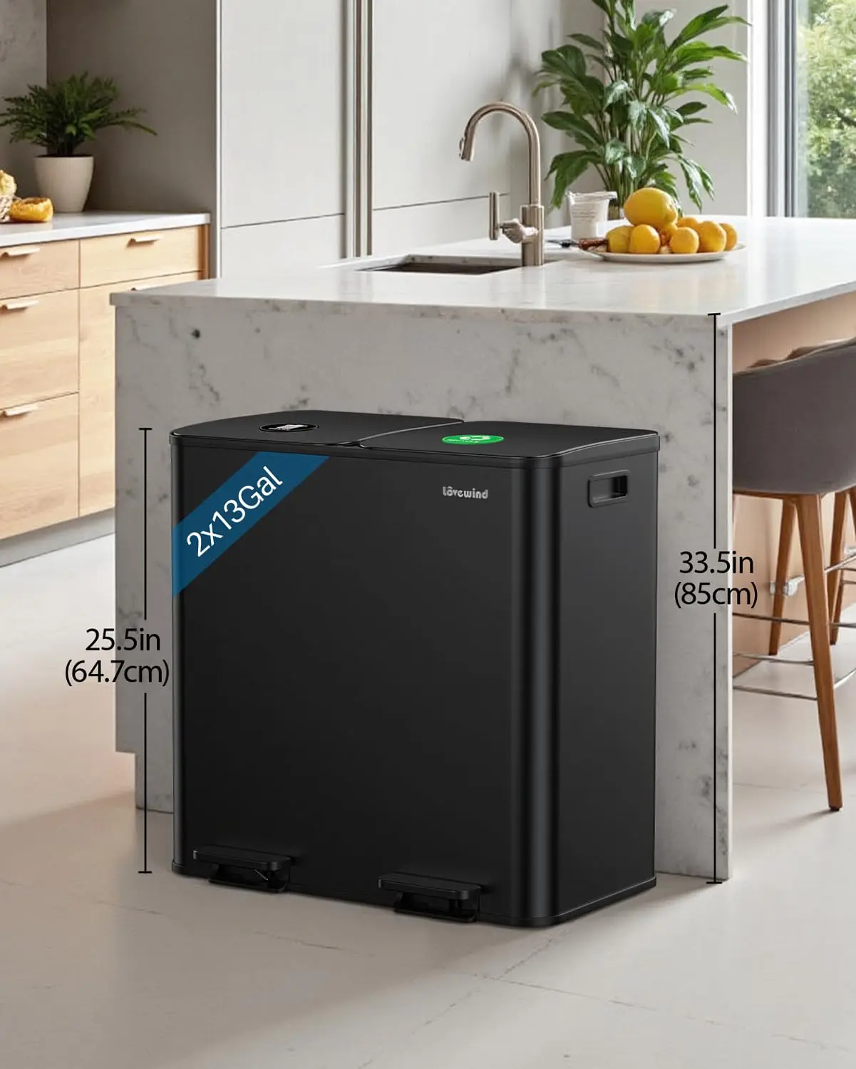 Dual Trash and Recycling Bins for Kitchen 2x13 Gallon Stainless Steel Combo Soft Close Lid Garbage Cans Black