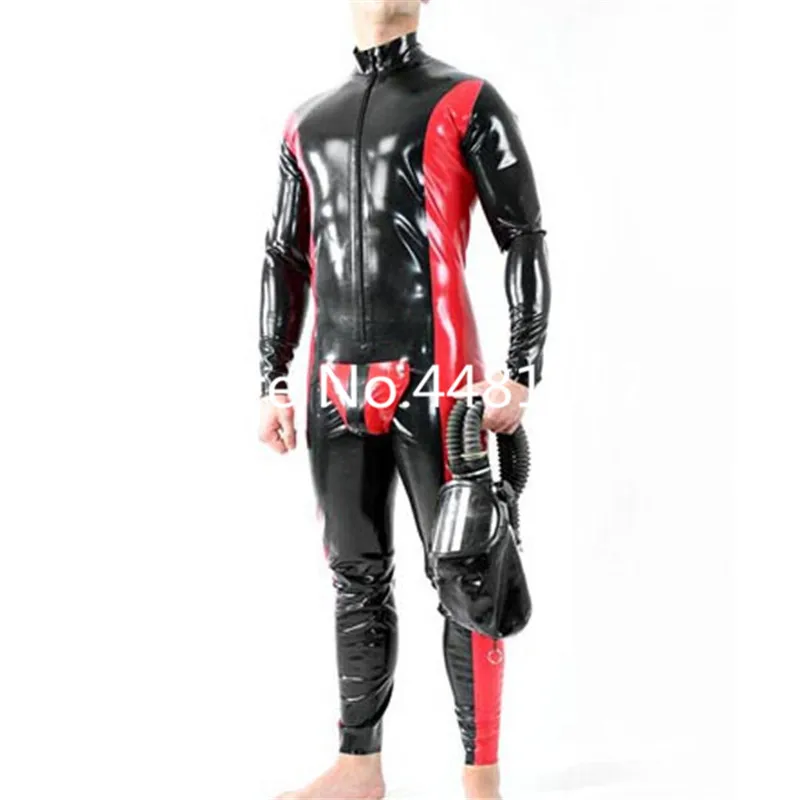 Latex Rubber Catsuit For Men Red with Black Sexy Bodysuit Party Club Wear Front Zipper Custom Made