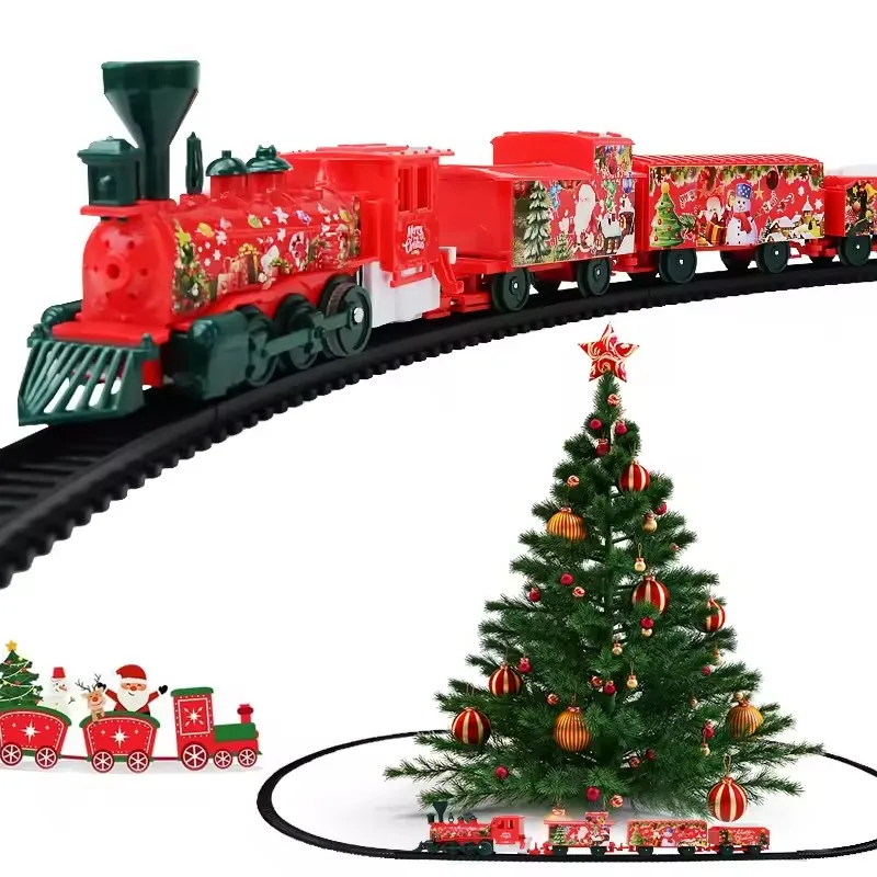 Classico set di treni natalizi con set di binari ferroviari sonori, modelli di giocattoli di treni a batteria, binari ferroviari natalizi