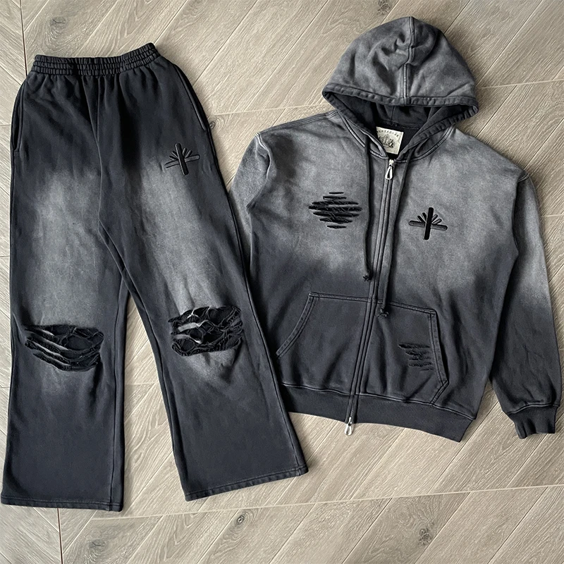 Vertabrae Hoodies Sweatpants Real Photo Embroidered Logo Retro Do Old Ripped Hoodie and Pants Set Men Women