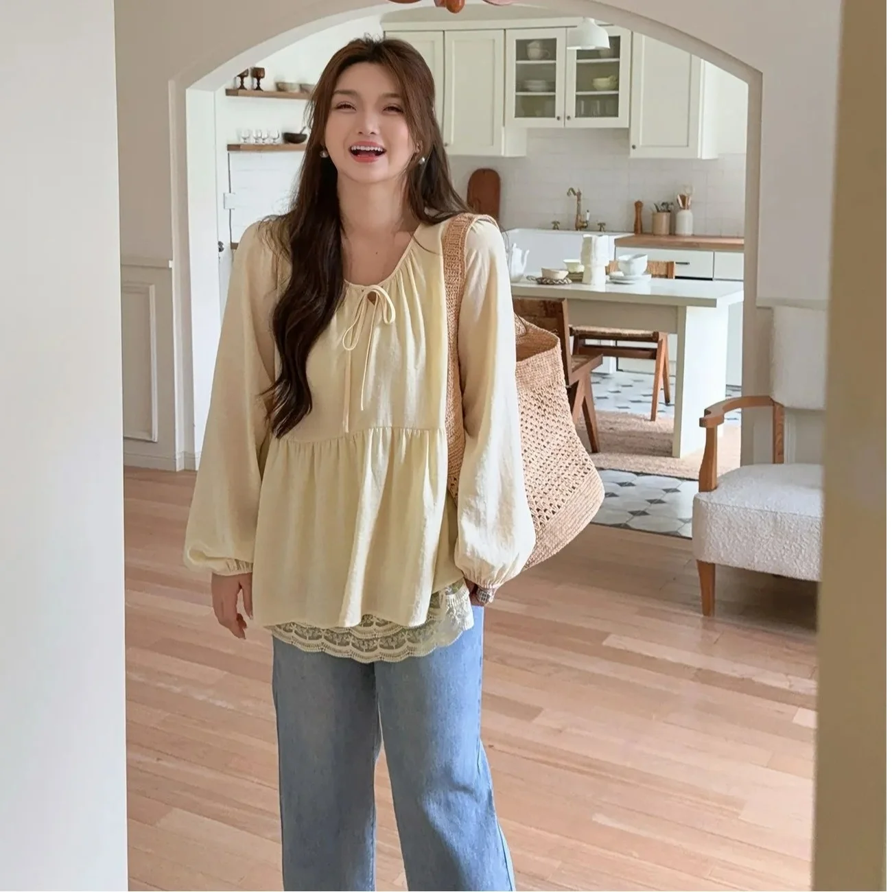 Loose Yellow Long Sve irt Women's Sle Doll irt Autumn Season Big Size Fat MM Fake Two-Piece Polyester Fiber Thin