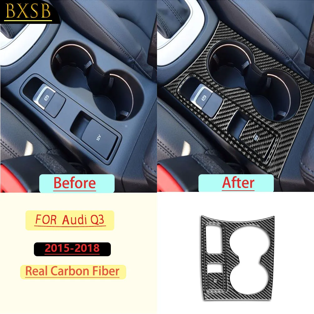 For Audi Q3 2015-2018 Center Console Cup Holder Cover Panel Kit Trim Real Carbon Fiber Interior Accessories Decoration Stickers