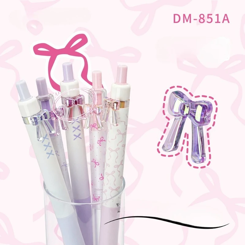 5pcs/set Pinl Color Bow Print Lucky Retractable Gel Pen for School 0.5mm Ins Kawaii Quick-Drying Black Ink for Exam Student