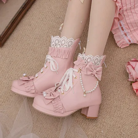 2024 New Autumn Winter Women Ankle Boots Plus Size 43 Pu Upper Modern Boots Lace Pearl Chain Bow Lolita Thick Heel Boots