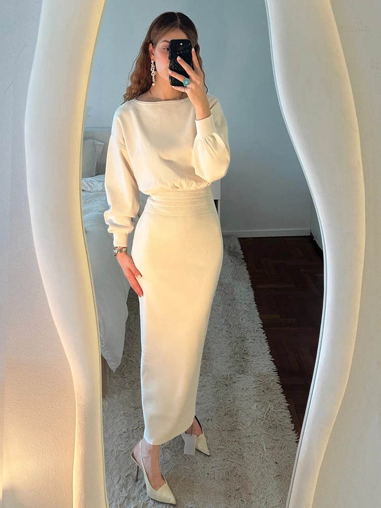 PB Frühherbst Neues weißes langes Kleid – langärmliges, schmal geschnittenes Abendkleid für Cocktailpartys und formelle Anlässe, Urlaubs-Vestid