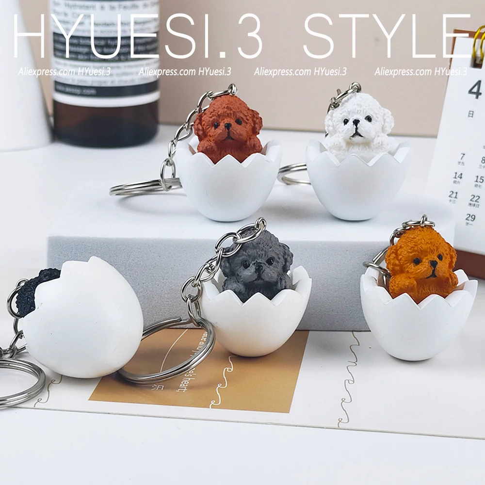 Cute Eggshell Dog Keychain Cartoon Teddy Pendant With Key Holder For Women Girls Handbag Backpack Accessories Pet Lover Gifts