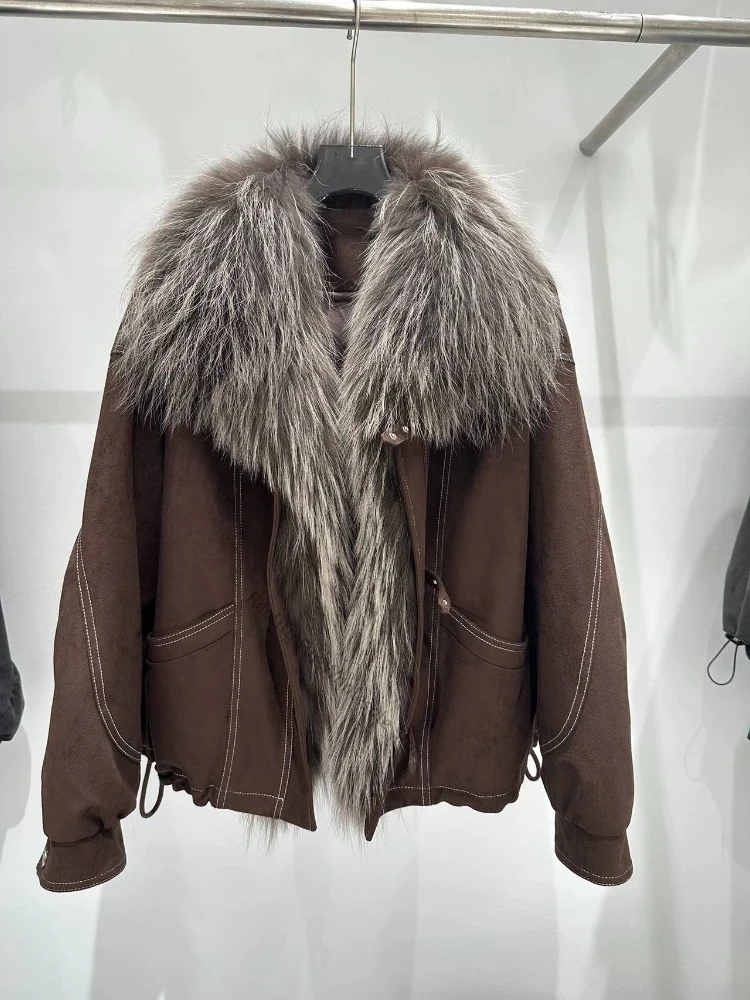 Women Winter Short Fur Coat Fur Collar Thermal Warm Cropped Real Fur Jacket Side Pockets Cold Weather City Fashion Outerwears