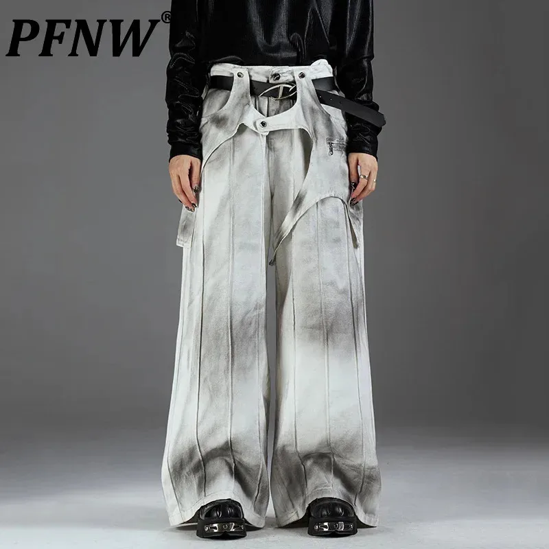 

PFNW Detachable Two-piece Splicing Layered Design Distressed Wide Leg Jeans For Men And Women Loose Straight Trousers 28W5336