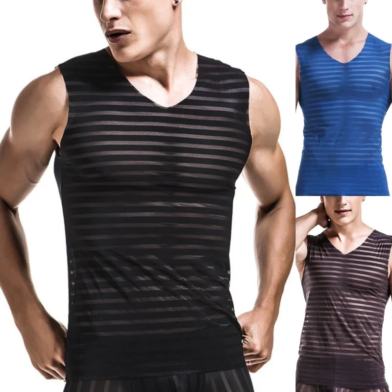 Mens Tank Top Thin Fitness Sports Ice Silk Non-marking Vest Summer Skinny Sleeveless T-shirt Quick-drying Undershirt