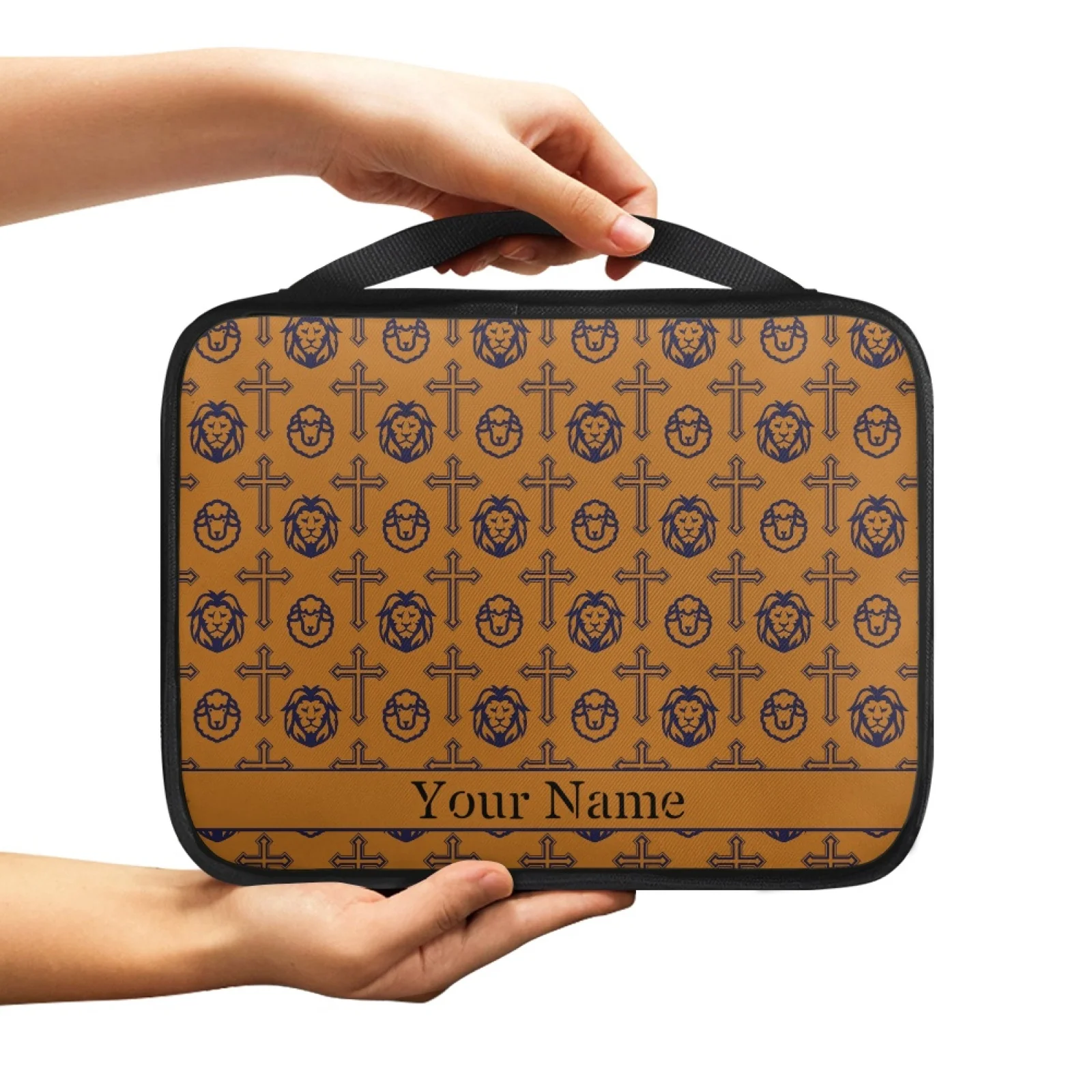 Customized Name Printing Christian Religion Light Luxury Simple Lion Lamb Cross Pattern Bible Cover Portable Book Box Church Bag