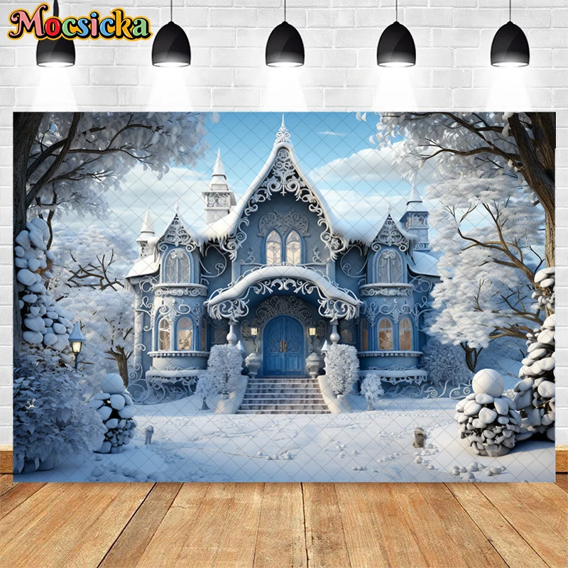Mocsicka Winter Christmas Background Photography Castle House Snow Xmas Tree Kid Family Portrait Decor Backdrop Photo Studio