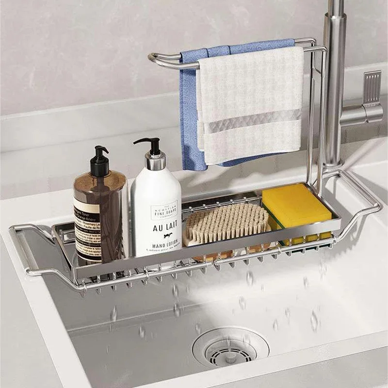 Telescopic Sink Shelf Adjustable Kitchen Soap Sponge Rag Brush Holder Stainless Steel Sink Drain StorageRack Sink Storage Basket