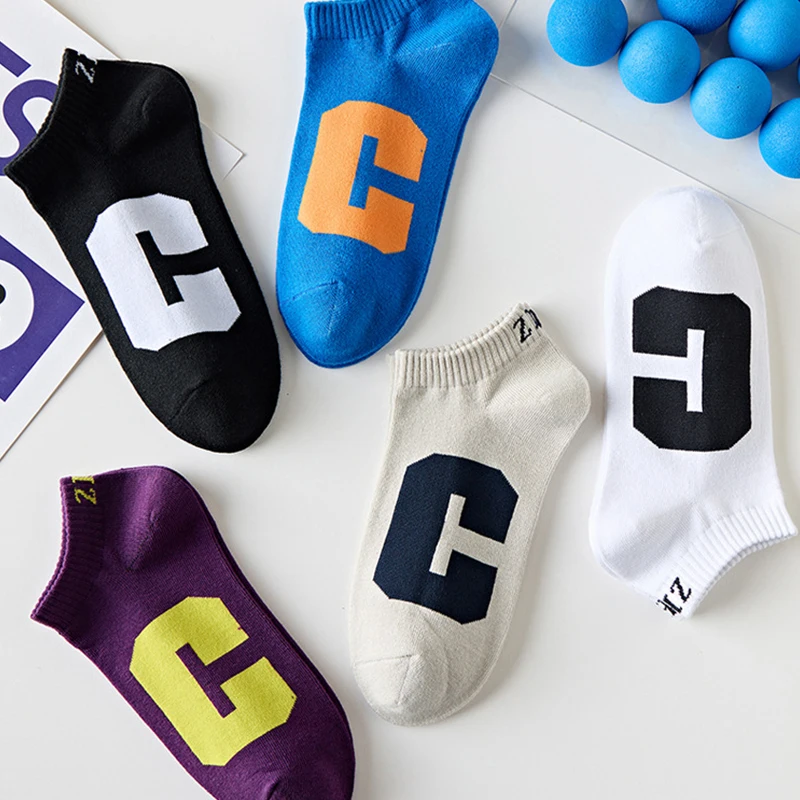 5 Pairs/Lot Men's Ankle Letter Socks Casual Funny Thin Cut Short Sports Mesh Fashion Polyester Cotton Low Tube Sock