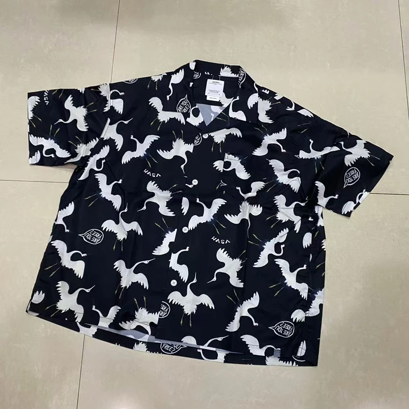 Japanese VISVIM Beach Shirt Crane Print Summer Breathable Lightweight Outdoor Vintage Hawaiian Full Print Short Sleeve T-shirt