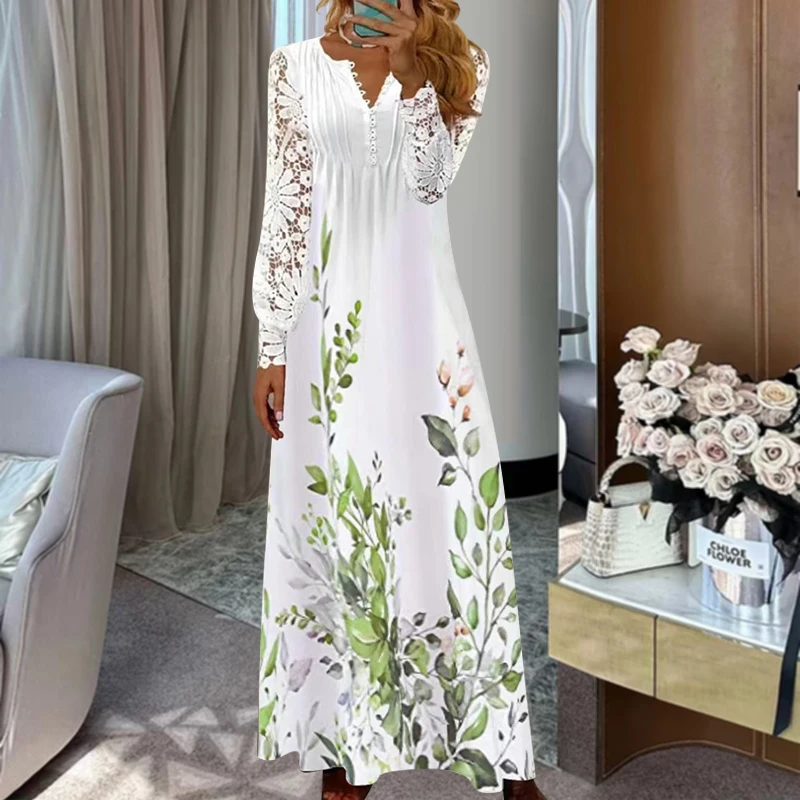 ربيع المرأة الدانتيل زر فضفاض بوهو خمر الكشكشة فساتين Befree الصيف أنيقة حفلة كبيرة كبيرة الصيف فستان ماكسي للحفلات