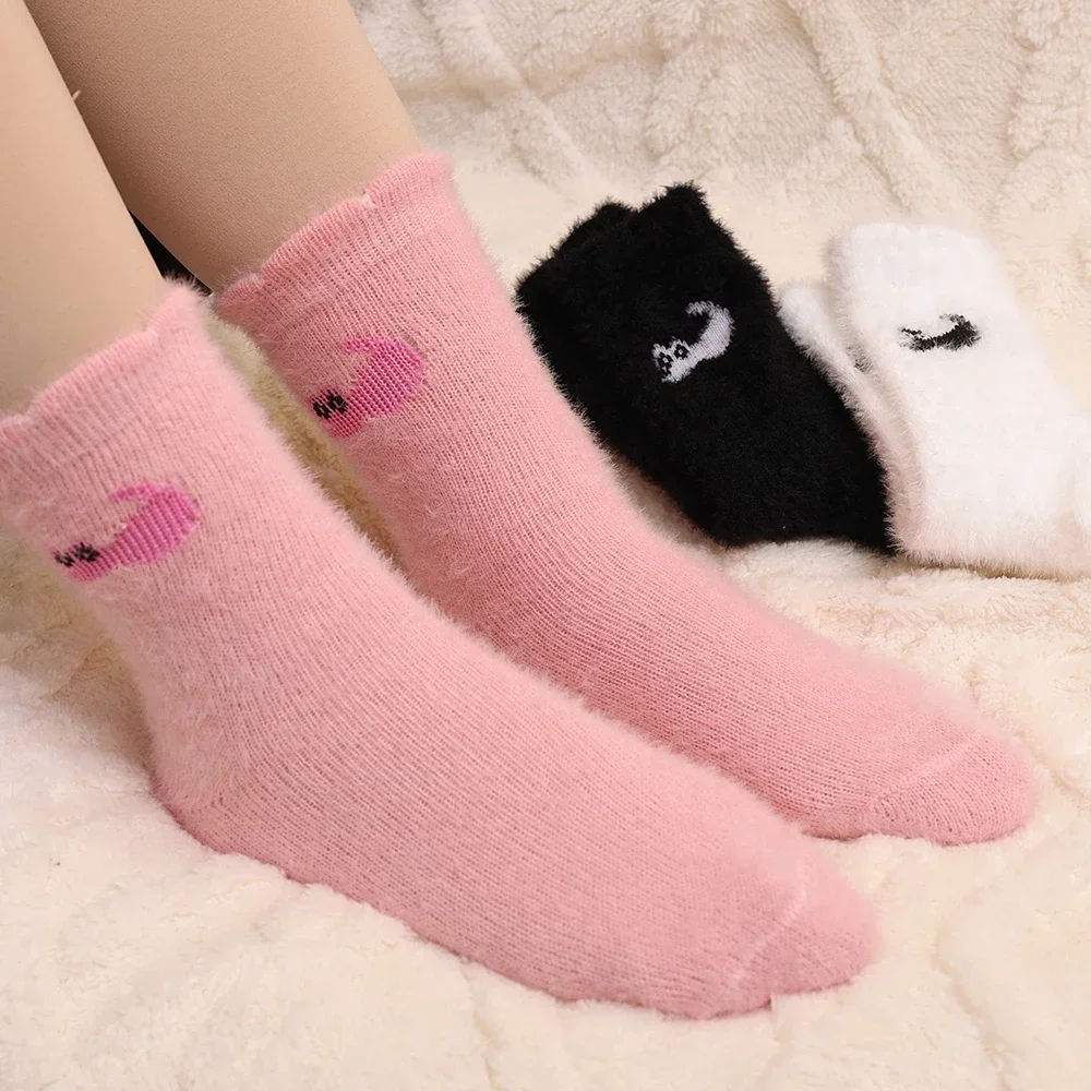 3Pairs Mink Velvet Socks Winter Cute Cat Thickened in Tube Socks Simple Cozy Hairy Sleep Sock Fashion Sleep Floor Sock dla kobiet