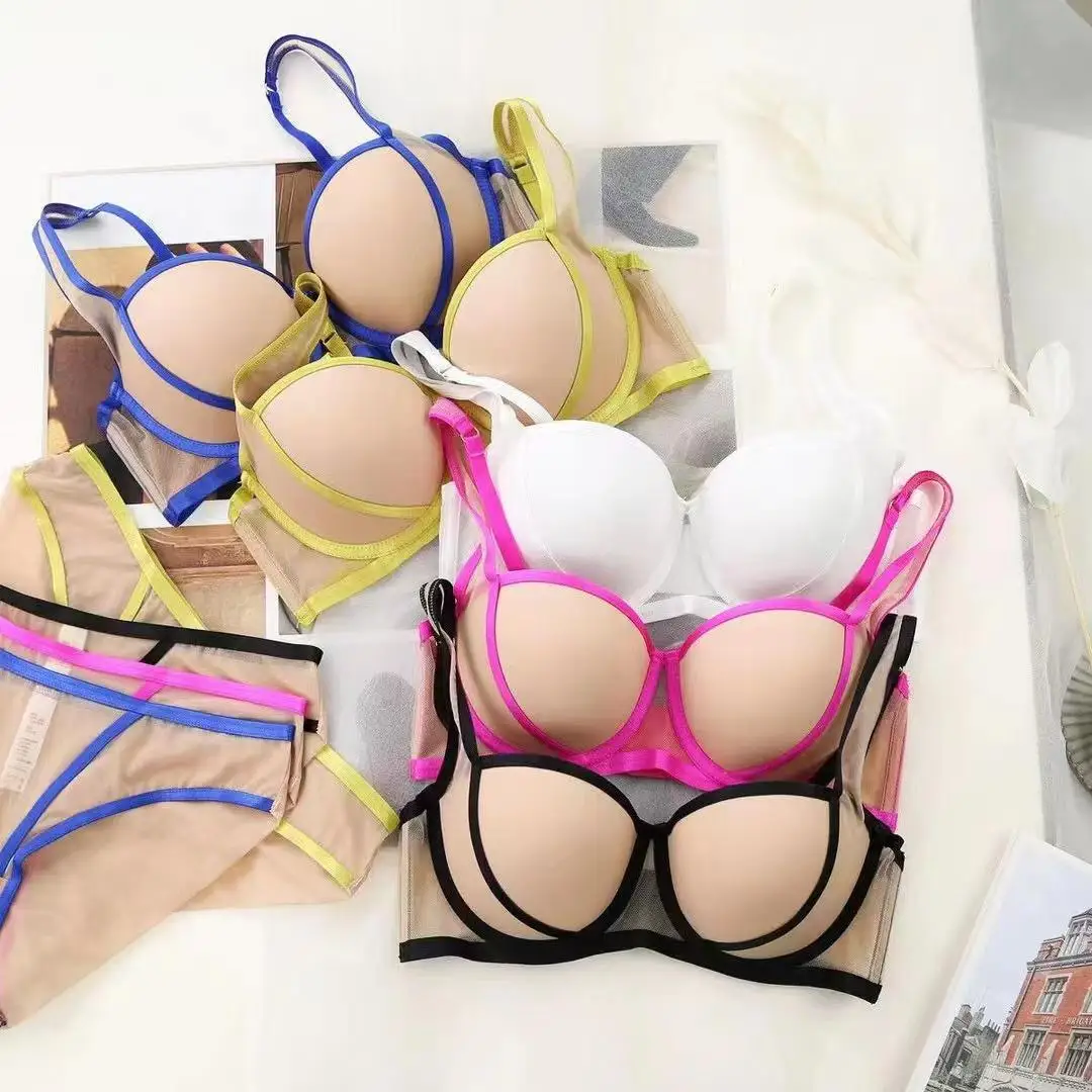 Sexy Dopamine Contrast Color Lingerie Set French Style 2024 Fashion Women Elegant Thin Under Thick Mold Cup Underwear Bra Panty