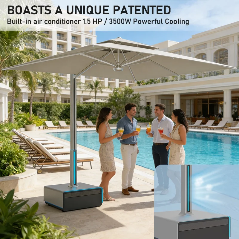 Commercial Grade Umbrellas With Air Conditioner Windproof Aluminum Electric Auto Parasol Umbrellas