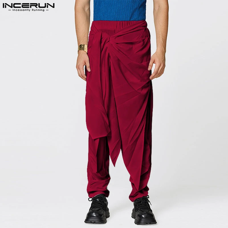 

INCERUN летние весенние длинные брюки модные плиссированные мужские повседневные брюки уличная одежда однотонные длинные брюки оверсайз низ S-5XL
