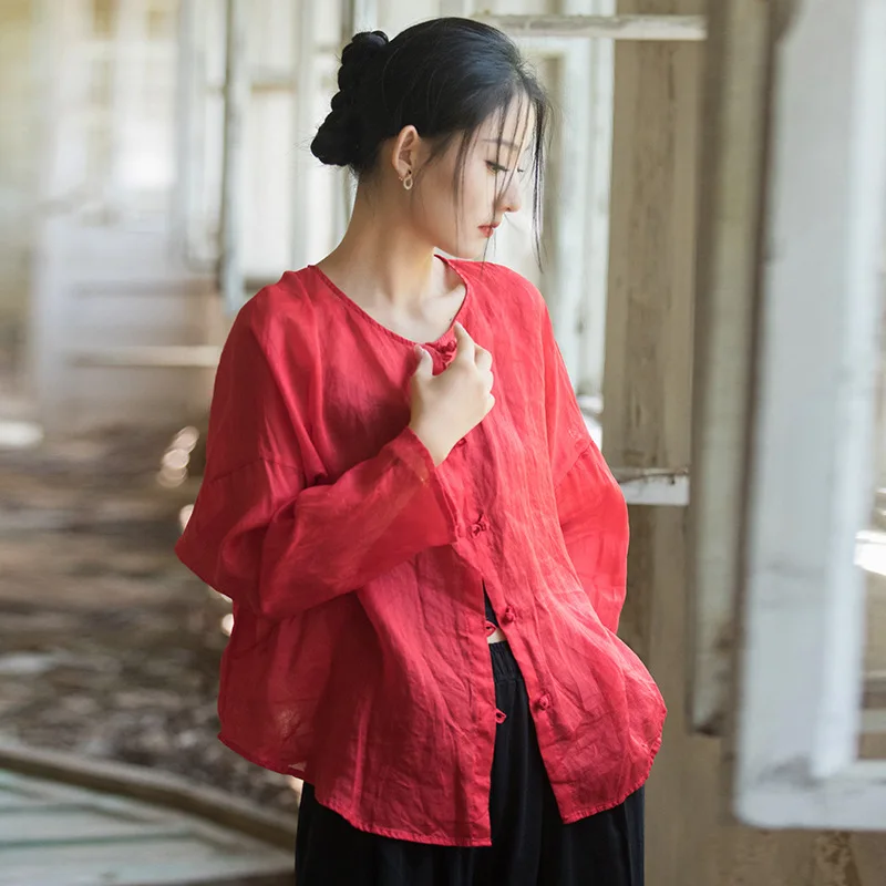 Buttoned Women's Shirt Chinese Style Thin 100% Linen Sand-washed Vintage and Literary Style Sand-washed Blouse Women  TS-770