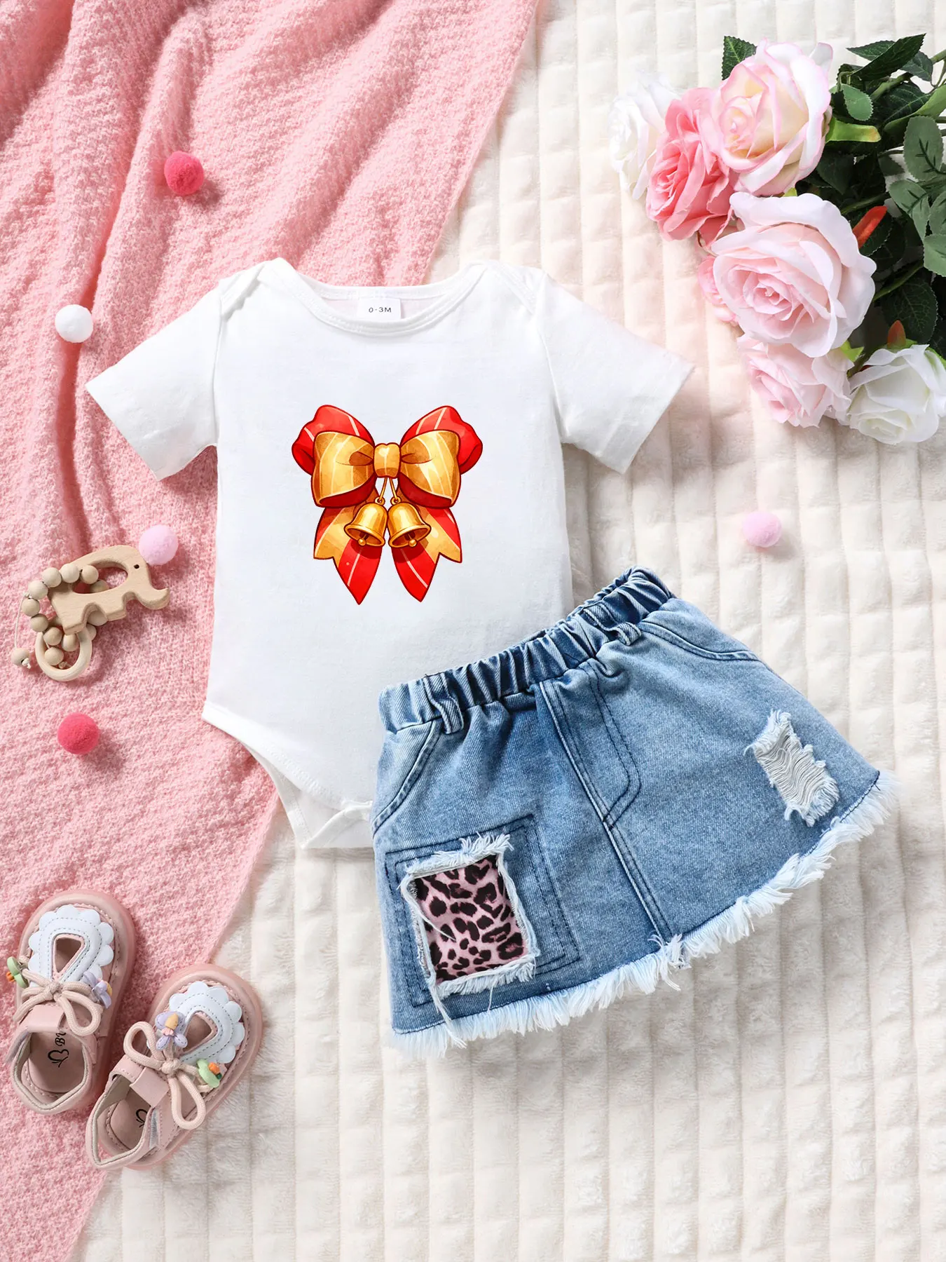 Summer 2pc set: Christmas bow & bell, romper+denim skirt, Xmas trendy