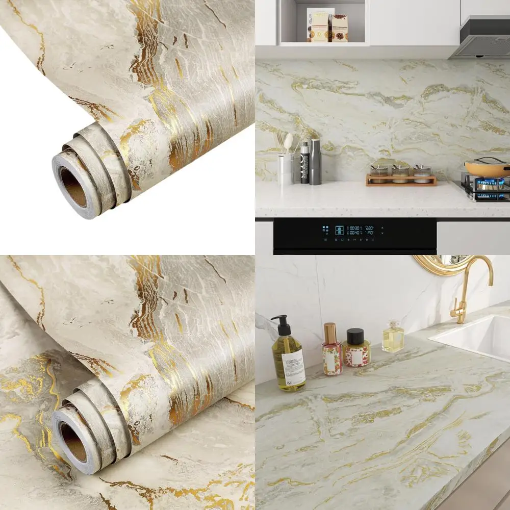 

30 Inch x 200 Inch Beige Gold Marble Peel and Stick Wallpaper for Kitchen Countertops and Backsplash