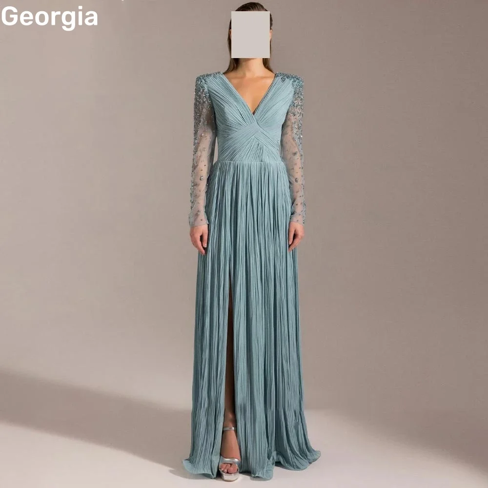 Beaded Customize فساتين سهرة A-Line Deep V-Neck Floor-Length Zipper Up Dress Women Elegant Luxury Long Sleeves Elegant Dresses