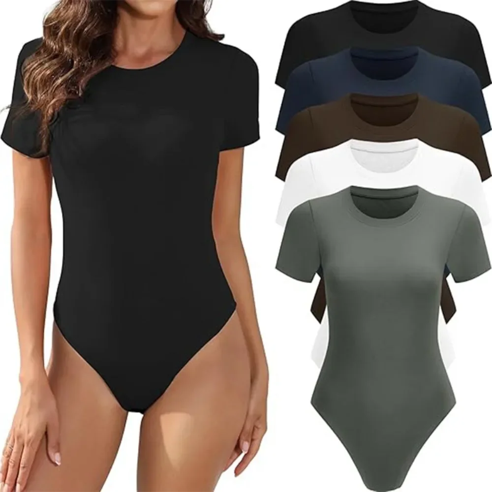 Women Short Sleeve Round Neck Basic Bodysuit Stretchy Slim Fit Flattering Casual Daily Streetwear Comfy
