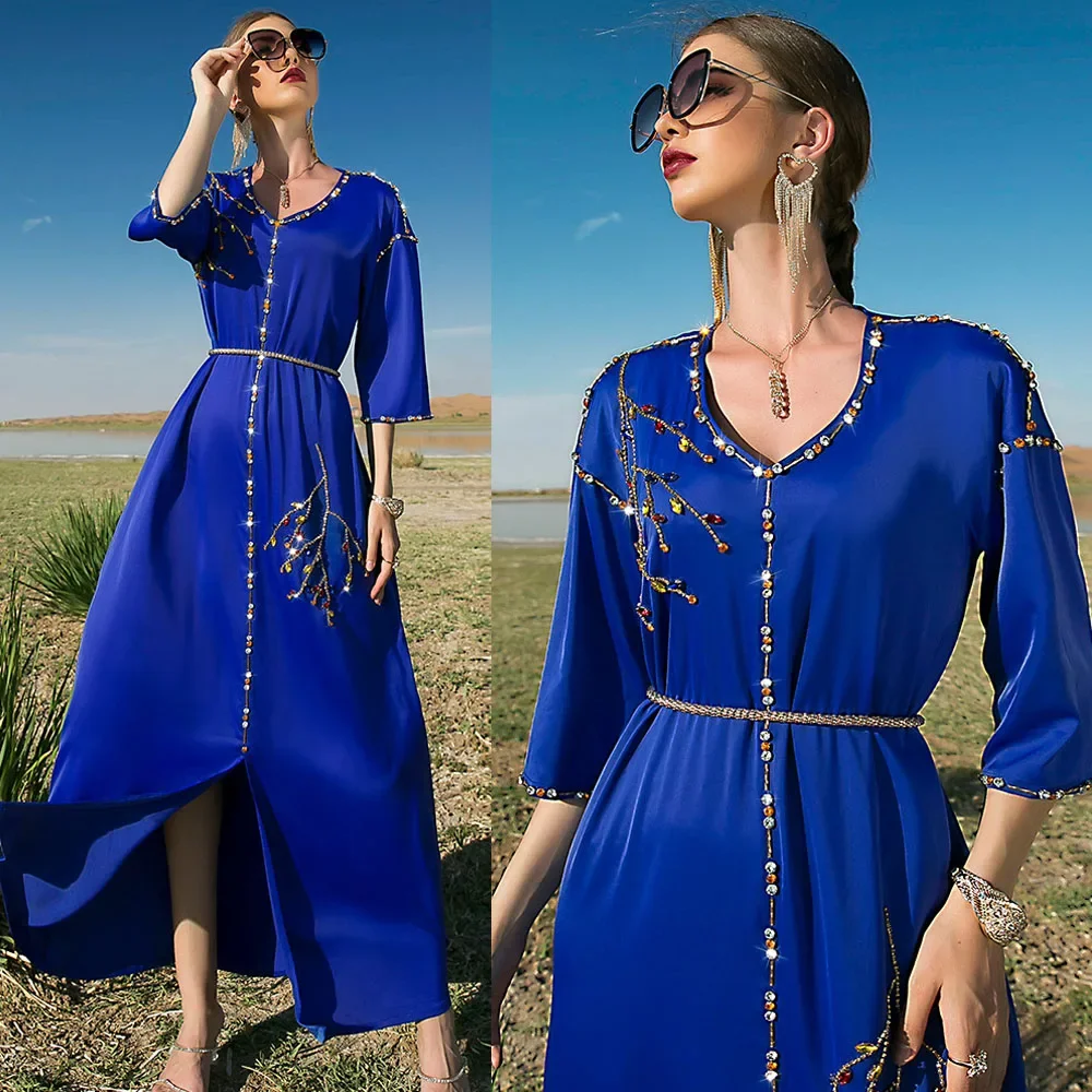 

Dubai Abaya Party Luxury Satin Women Long Dress Moroccan Caftan Islam Muslim Abayas Arab Turkey Ramadan Eid Kebaya Jalabiya Robe