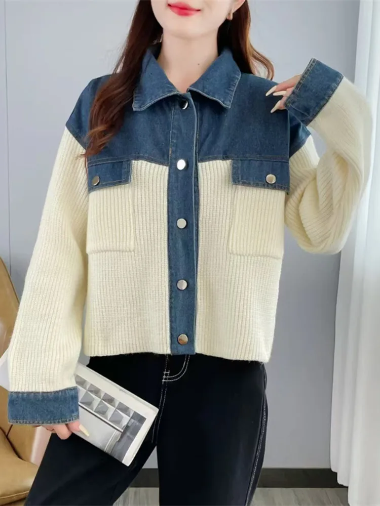 [EWQ] Sweet Patchwork Denim Knitted Patchwork Design Women\'s Khaki Sweater Jacket Autumn 2024 Winter Loose Tops  16O1345