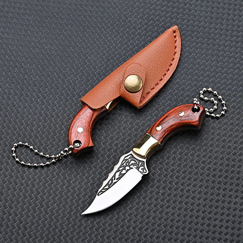 New Mini Kitchen Knife Outdoor Pocket Knife Keychain Portable Unboxing Knife Colored Solid Wood Handle Knife With Leather Case