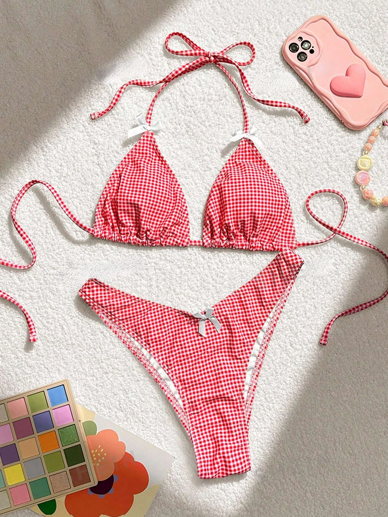 Conjunto de biquíni Swim Mod com estampa xadrez e gola halter com parte inferior separada, praia de verão